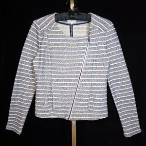 Lou & Grey Pointe Knit Striped Asymmetrical Zip Jacket Navy & Ivory S